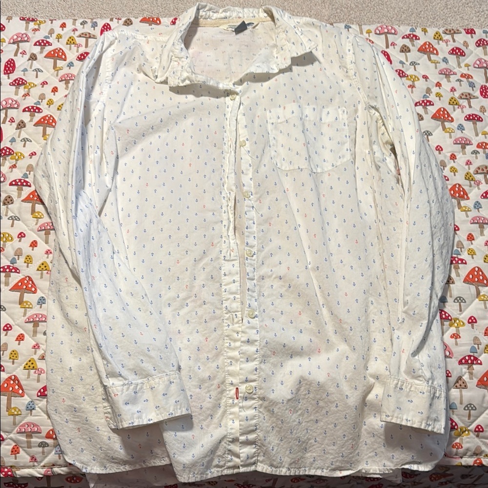 Old Navy White Casual Button Down Shirt with anchor Pattern nautical xl tall